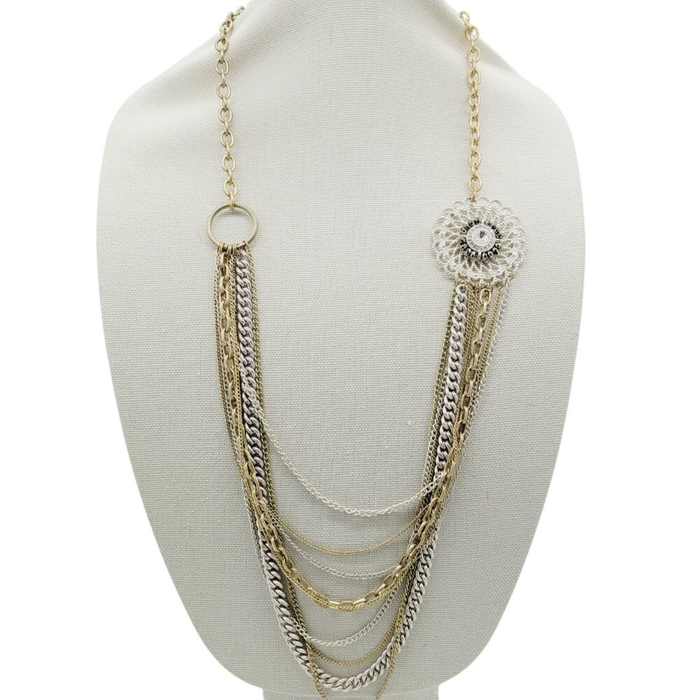 VCLM Mixed Metal Layered Statement Chain Necklace Silver White Gold Tones 38"